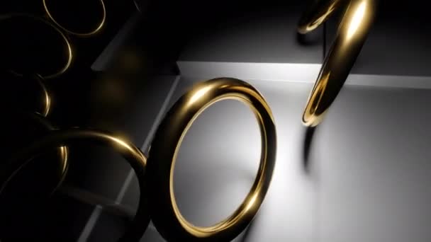Close Van Vliegende Metalen Ringen Een Cirkelbaan Ontwerp Concept Van — Stockvideo