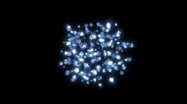 Parıldayan parçacıkların hareket akışı. Hareket. Siyah arka planda parlayan kristal parçacıkları olan yavaş bir patlama. Uzaydan yayılan kristal moleküller. 