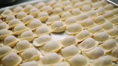 Bir sürü mantı yakın plan. Şarjör. Taze pişmiş hamur köftesi. Endüstriyel fırın için hamur tatlısı pişirme ve modelleme. 