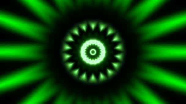 点滅する光線の流れが付いているサイケデリックな丸いパターン ムーブメント 中央の円形のパターンが付いている明るい点滅の光線 黒い背景に点滅する光沢のある明るいパターン — ストック動画