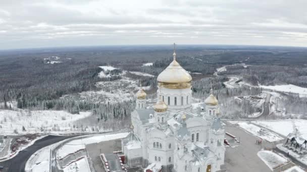 Top Kilátás Fehér Templom Arany Kupolák Télen Csípés Gyönyörű Táj — Stock videók