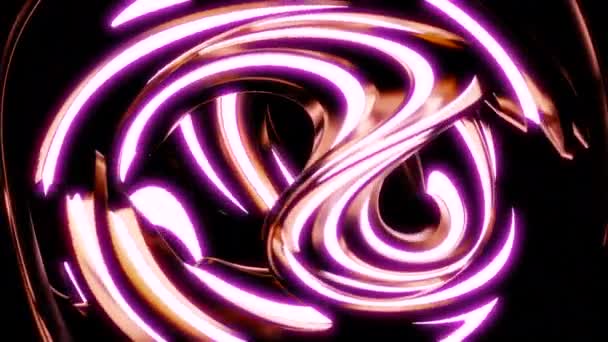 黒い背景にねじれた線の抽象的な回転金属図 デザイン 回転するネオン輝く形 — ストック動画