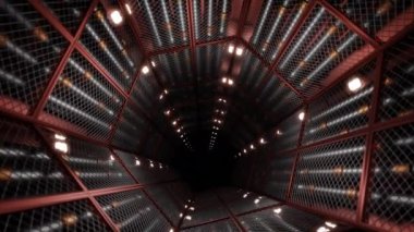 Turuncu ışıklı karanlık bir tünel. Tasarım. Animasyonda ışık saçan ve yavaşça aşağı inen bir ışık tüneli. Yüksek kalite 4k görüntü