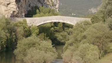 Güzel yeşil manzara. Başla. Nehrin üzerinde köprüsü olan, geniş dalları olan yeşil ağaçlarla kaplı sessiz bir yer. Yüksek kalite 4k görüntü