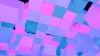 Siyah arka planda yukarı ve geri hareket eden soyut parlak küpler. Tasarım. Zıplayan 3D renkli küpler