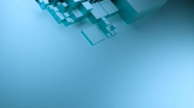 Beyaz ve mavi kırık arka plan. Görev. Soyutlamada üç boyutlu kareler farklı boyutlarda büyüyor. Yüksek kalite 4k görüntü