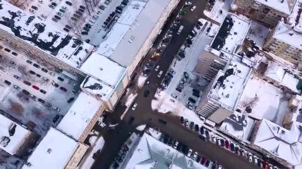 View Winter City Clip Landscape Narrow Roads Movement Cars High — Stock Video