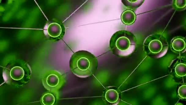 Зеленый Серый Фон Дизайн Связанные Молекулы Ядром Движущимся Разных Направлениях — стоковое видео