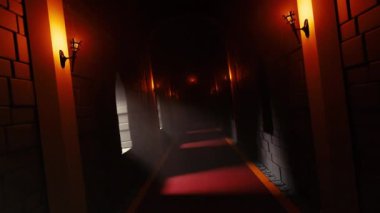 Sarkık mumları ve kırmızı halısı olan karanlık kale koridoru. Tasarım. Bir kalenin ya da kalenin ortaçağ iç kısımları