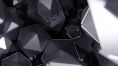 Çokgen şekilli uzay. Tasarım. Poligonal geometrik şekiller siyah arkaplan üzerinde hareket eder. Akışta birçok geometrik 3D şekil. 