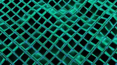 3D küpler neon hücrelerde hareket eder. Tasarım. Neon hücrelerdeki karelerin dalga hareketleri. Yüzeydeki 3 boyutlu kareler neon ışıklı dalgalar halinde hareket eder. 