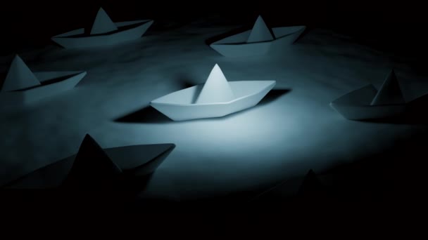 3Dペーパーボート デザイン 紙のボートは暗闇の中で立っている 暗闇の水面に3Dペーパーボート — ストック動画