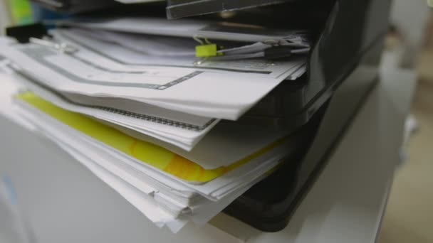 Close Stacks Documents Files Office Stock Footage Business Report Papers — Stock Video