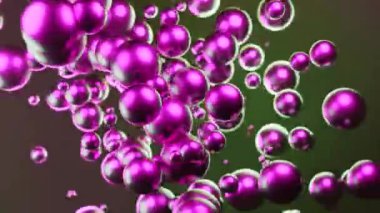 Hareketli parlak toplar. Tasarım. Uzayda yükselen 3D kabarcıklar. Parlak kabarcıklar akıntıda hızlı hareket eder.