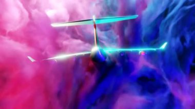 Uçuş. Tasarım. Bir çizgi film animasyonunda küçük bir uçağın yavaşça farklı yönlere sallandığı parlak ışık bulutları. Yüksek kalite 4k görüntü