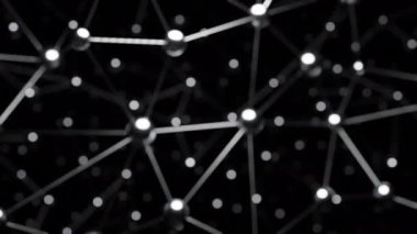 Siyah arka plan. Tasarım. Üçgen şebekeler bilgisayar grafikleriyle yapılmış gri ile birbirine bağlanmış. Yüksek kalite 4k görüntü