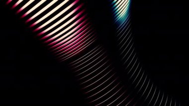 Karanlık arka plan. Tasarım. İçeriye doğru genişleyen ve bükülen üç boyutlu çok renkli çizgiler. Yüksek kalite 4k görüntü