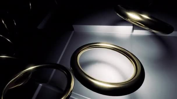 Χρυσά Δαχτυλίδια Πτήσης Σχέδιο Σκούρο Φόντο Στην Αφαίρεση Χρυσούς Κύκλους — Αρχείο Βίντεο