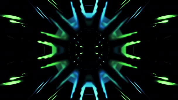 ブラックスライディングトンネル デザイン コンピュータグラフィックスで作られた緑と青のイルミネーションを備えた小さなクローズドポータル 高品質の4K映像 — ストック動画