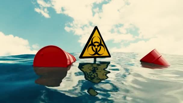 Опасное Место Дизайн Голубое Спокойное Море Загрязняющими Бочками Нефти Опасным — стоковое видео