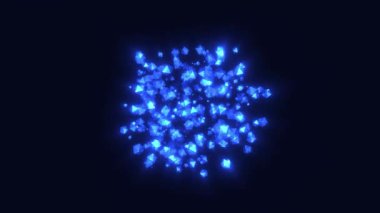 Parlak geometrik parçacıklar akıyor. Hareket. Parıldayan geometrik parçacıklar yayılıyor. Geometrik parlak toplar siyah arkaplana yayılıyor. 