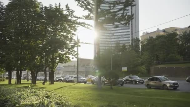 Miejski Krajobraz Letnią Ulicą Zielonymi Drzewami Trawiastymi Samochodami Akcja Słońce — Wideo stockowe