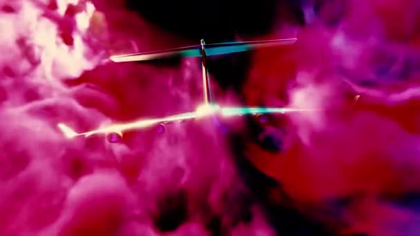 Самолет Летит Сквозь Штормовые Сюрреалистические Облака Дизайн Абстрактный Полет Небе — стоковое видео