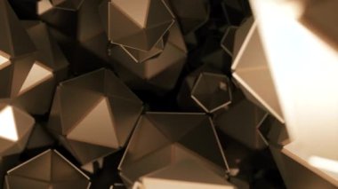 Çokgen şekilli uzay. Tasarım. Poligonal geometrik şekiller siyah arkaplan üzerinde hareket eder. Akışta birçok geometrik 3D şekil. 
