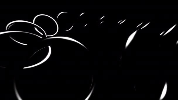 Silhuetas Formas Circulares Voadoras Pretas Fundo Preto Desenho Girando Anéis — Vídeo de Stock