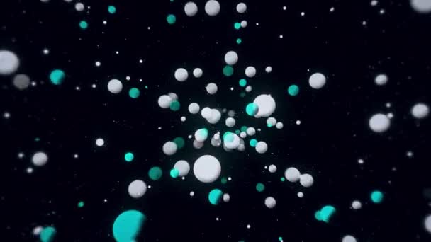 球从太空中的一点流出来 点流与扩散球的黑色背景 球的流移动到空间点 — 图库视频影像
