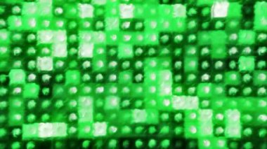 Mozaikli yeşil ve sarı arka plan. Hareket. Bilgisayar grafiklerinde küçük boyutlarda aydınlatılmış kareler. Yüksek kalite 4k görüntü