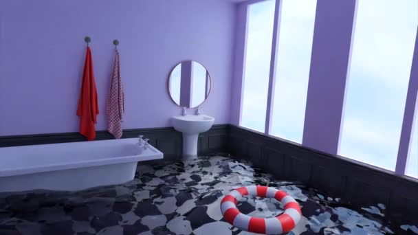 Ilustrace Surrealistické Koupelny Design Snění Zaplavené Koupeli Vodou Podlahy Plovoucí — Stock video