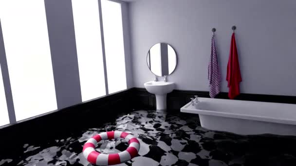 Ilustrace Surrealistické Koupelny Design Snění Zaplavené Koupeli Vodou Podlahy Plovoucí — Stock video