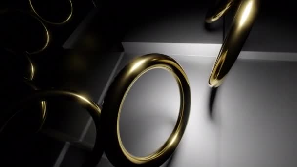 Resumen Volando Girando Anillos Oro Metal Fondo Diseño Siluetas Redondas — Vídeos de Stock
