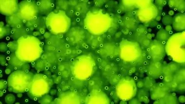 Bokeh asit yeşil ve sarı yanıp sönen daireler. Tasarım. Bulanık yuvarlak parçacıklar, sonsuz üç boyutlu daireler 