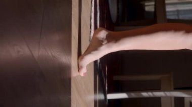 Kadınların ayakları parmak uçlarına basar. Başla. Çekici kadın bacakları güneş ışığıyla odada dolaşıyor. Seksi sinsi bacaklı kadın videosu. 