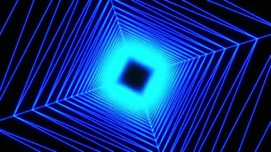Mavi ve pembe tünel. Hareket. Farklı yönlerde hareket eden animasyonlarda çizilmiş aydınlanmış karelerle siyah arkaplan. Yüksek kalite 4k görüntü