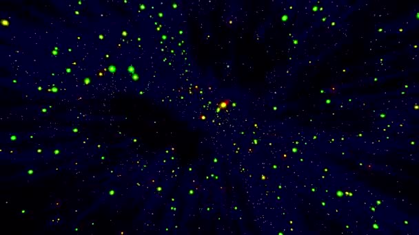 小さな星空を飛んでいる暗い背景 ムーブメント コンピュータグラフィックス グリーンとブルーグリッター 高品質の4K映像 — ストック動画