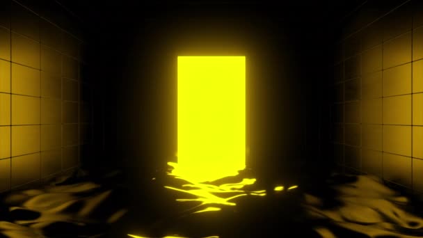 Дверь Стене Неоновым Свечением Комнате Стенами Влажным Полом Дизайн Сюрреальное — стоковое видео