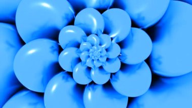 Üç boyutlu soyut dönen çiçek. Tasarım. Dönen çiçeğin parlak renk deseni. Yuvarlak yapraklı büyük çiçek animasyonda döner.. 