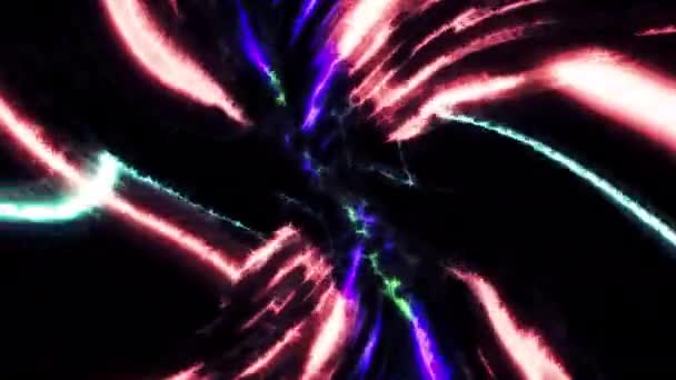抽象的なネオン空間が黒い背景に渦巻いている ムーブメント 外宇宙ワームホール内で高速飛行 — ストック動画