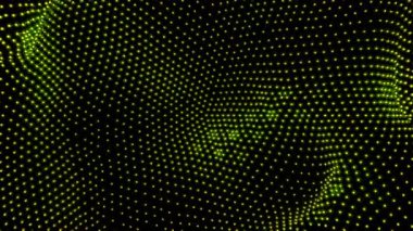 Yeşil parıltılı noktalı dalgalı yüzey. Tasarım. Şekillerin hareketi, yeşil parçacıkların arkaplanı