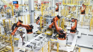 Tokyo-Japonya, 08.01.2023, sahne. Üretimde çalışan hızlı çalışan robotlar. Sadece başyazı için kullan. Yüksek kalite 4k görüntü
