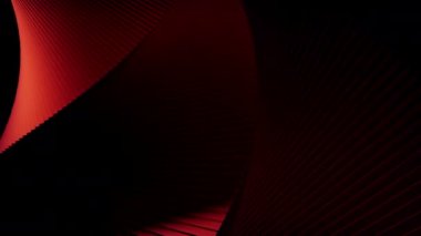Çizgili üç boyutlu yapı bükülür ve döner. Tasarım. Siyah zemin üzerinde hareket eden kıvrımlı soyut spiral. Eğri yapı karanlık uzayda döner. 
