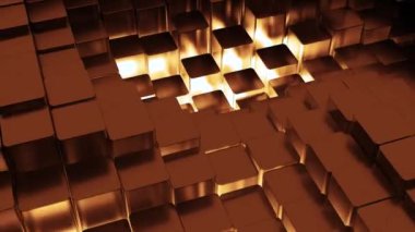 Turuncu ve pembe kareler. Tasarım. Sırayla yükselip alçalan bilgisayar grafikleriyle yapılmış küçük kareler. Yüksek kalite 4k görüntü