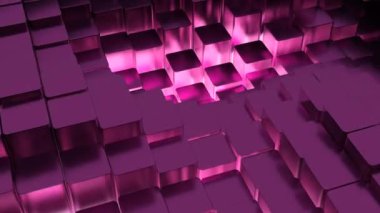 Turuncu ve pembe kareler. Tasarım. Sırayla yükselip alçalan bilgisayar grafikleriyle yapılmış küçük kareler. Yüksek kalite 4k görüntü