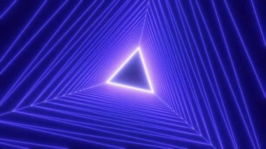 Neon üçgenler, soyut neon arkaplan, üçgen koridorda ileri doğru uç. Hareket. Parlayan çizgiler, ultraviyole tayf