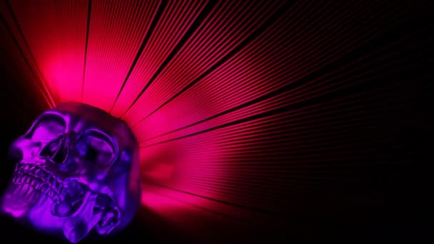 Яркий Череп Черном Фоне Дизайн Фиолетовая Серая Человеческая Голова Яркими — стоковое видео