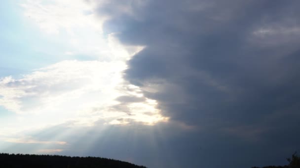 太陽と森の影で曇った空のパノラマ メディア 青い空に昼間の太陽の光が差し込まれた雲 森の影のある天の風景 — ストック動画