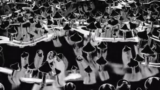 Leć Przez Fantastyczny Las Tańczących Grzybów Neonowych Projektowanie Pole Grzybów — Wideo stockowe